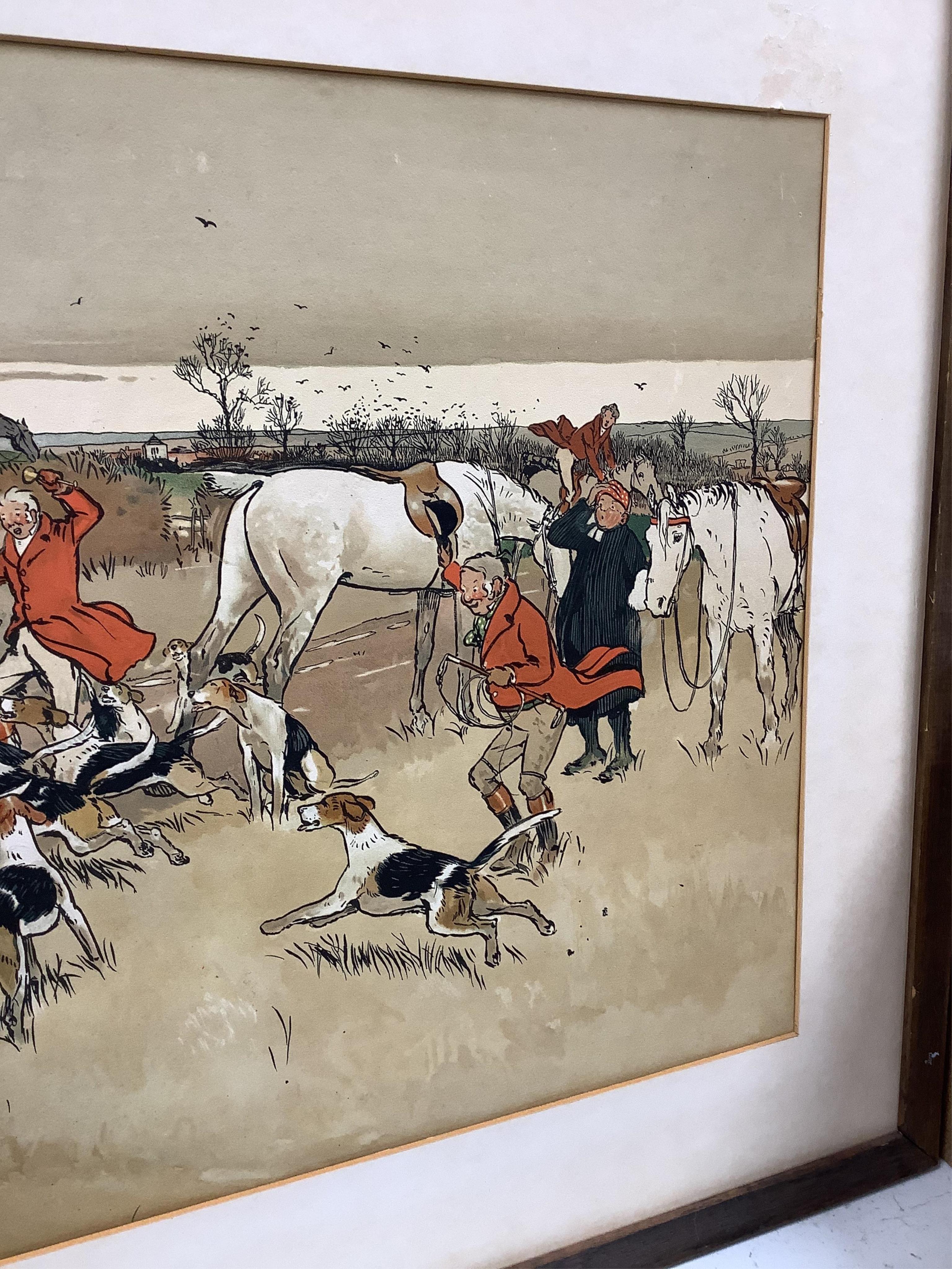 After Cecil Aldin (1870-1935), set of six colour hunting interest prints, to include 'Breaking cover', 'The Breakfast' and 'Full Cry', 37 x 60cm